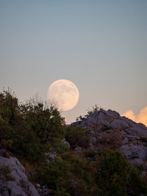 Free Serene view of a full moon rising above rocky terrain and lush vegetation, captured at twilight. Stock Photo