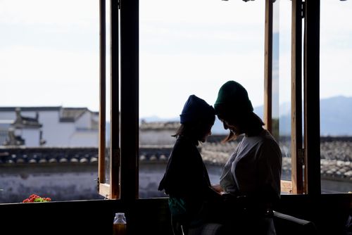 Free Silhouette of two people sharing a moment by a window with scenic rooftops and mountains. Stock Photo