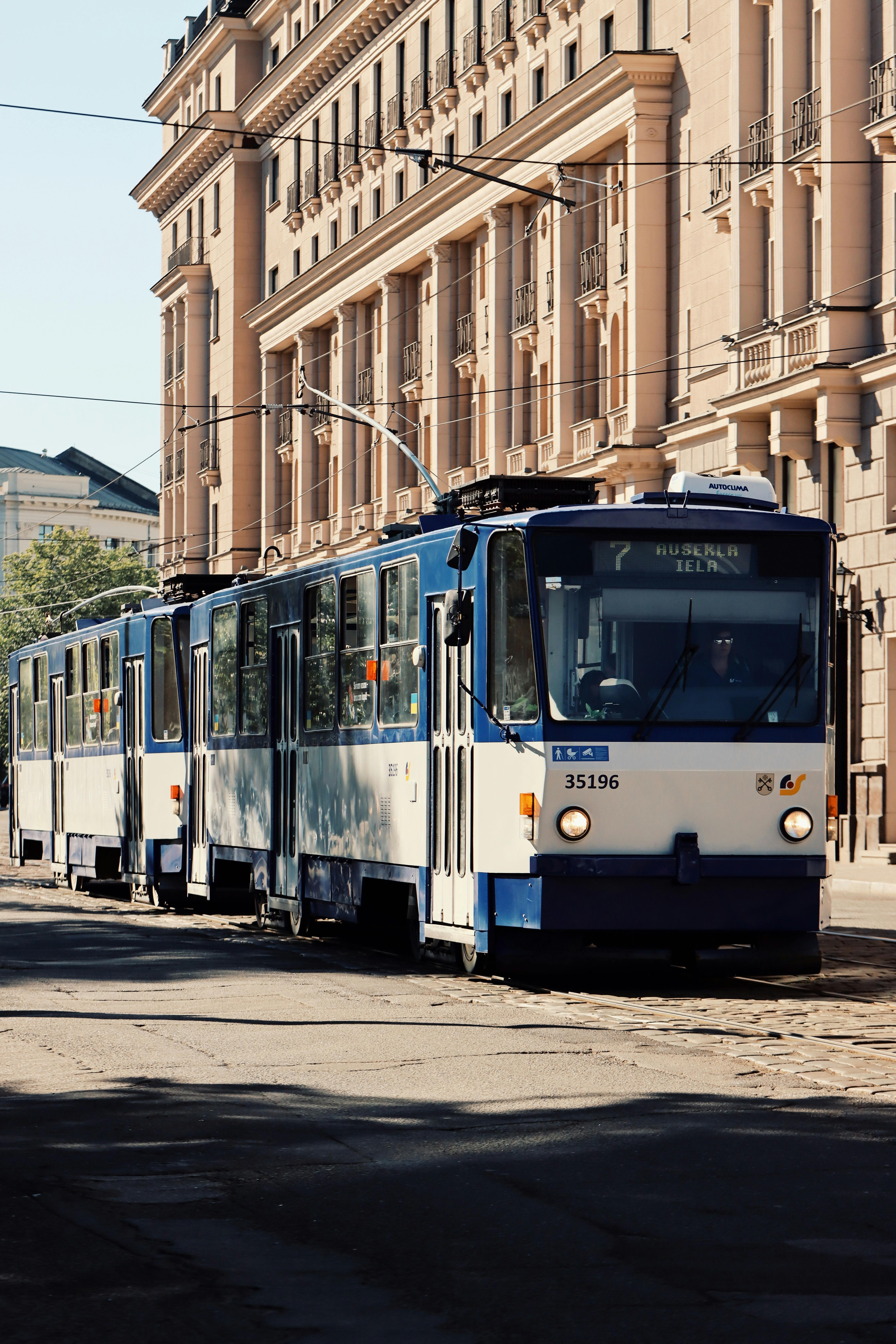 blue tram in old town riga latvia