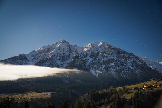 A serene night view of a snow-covered mountain range under a starry sky.