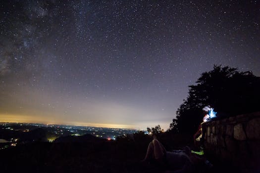遥远城市上空，迷人的星光熠熠，还有人们观星的轮廓