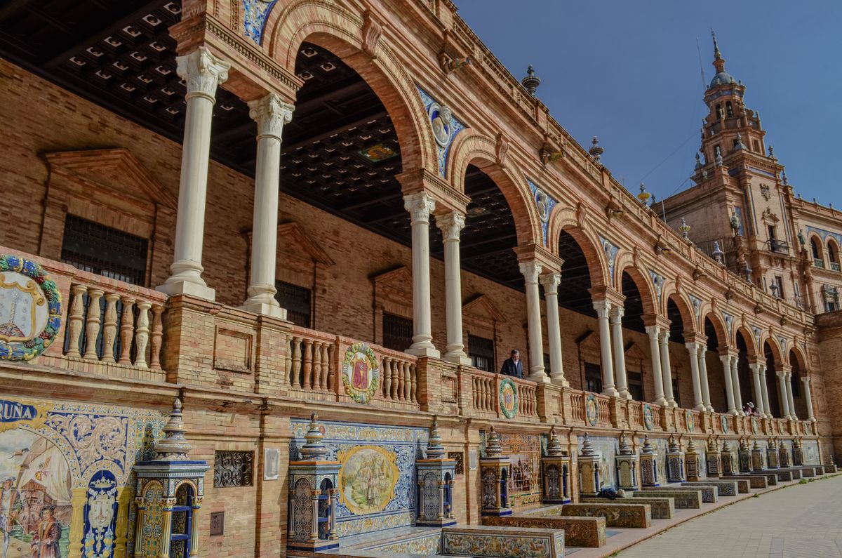 A panoramic view of the Plaza de Espana in Seville with the canal and bridge