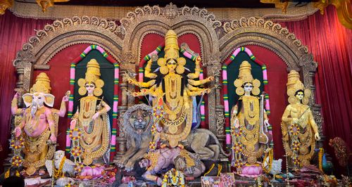 Free Vibrant Durga Puja celebration showcasing traditional idol art in Kolkata, India. Stock Photo