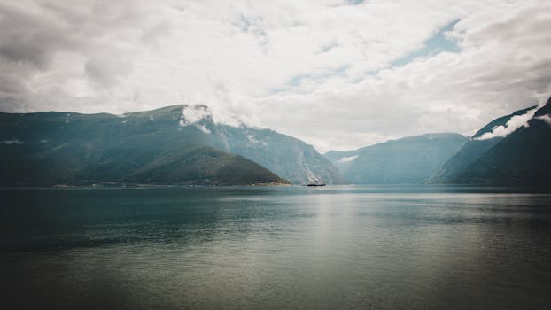 Peaceful view of a cloudy fjord landscape in Vestland, Norway.