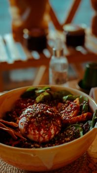 Close-up of a tantalizing gourmet salad bowl with fresh vegetables and nuts, perfect for a healthy meal.