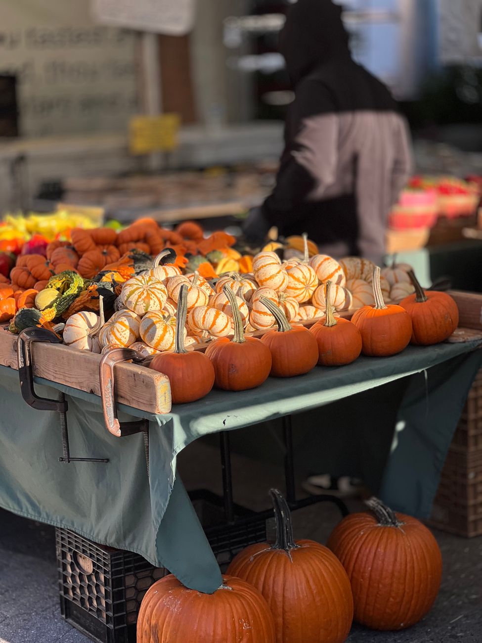 Vibrant display of pumpkins at an outdoor autumn market stall with a person in the background.. vibrant, display, pumpkins