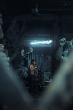 A skilled artisan meticulously sculpts a Durga idol in a traditional Kolkata workshop, capturing cultural heritage.