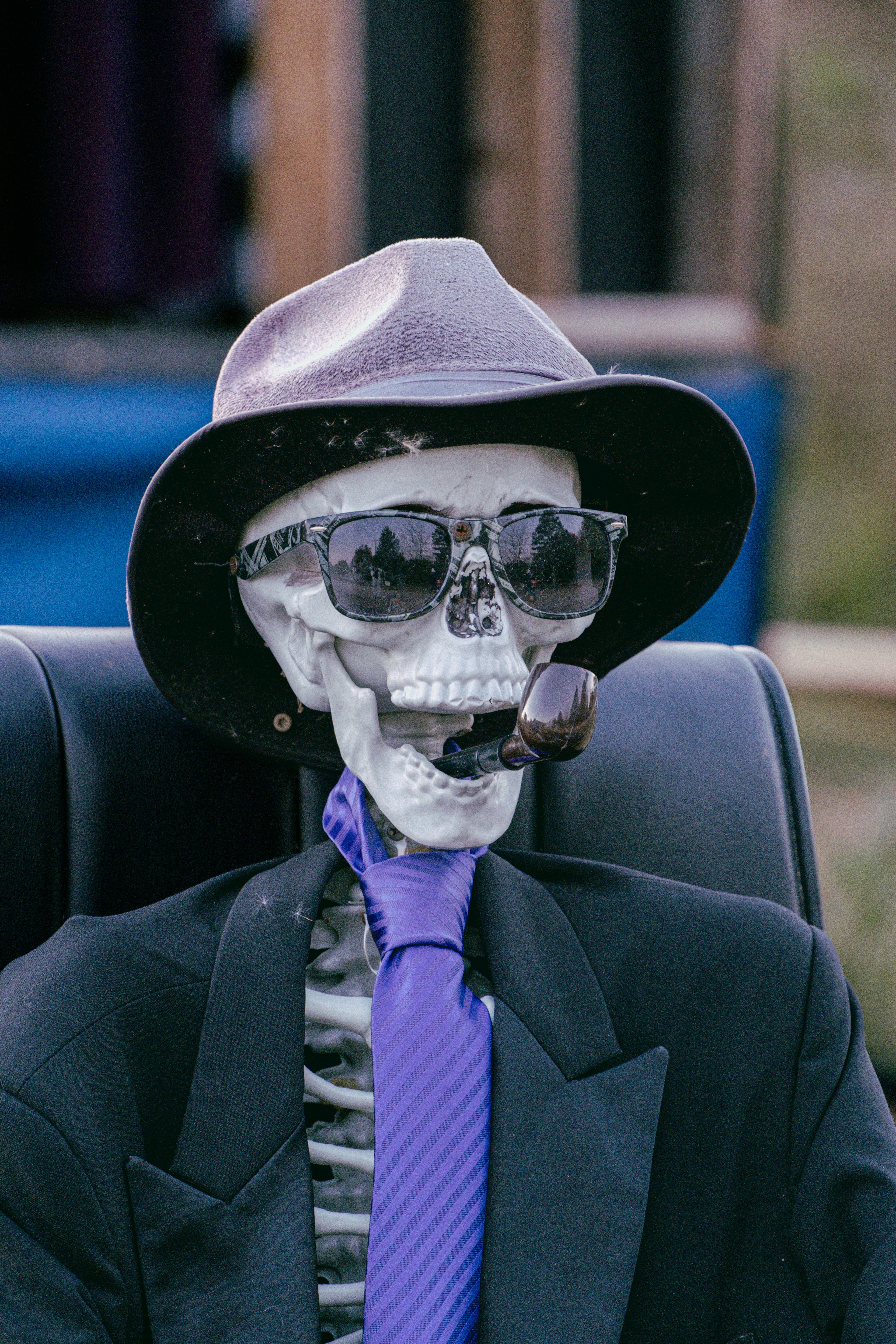 Skeleton wearing sunglasses, hat, and suit with a purple tie. Fun and eerie theme.