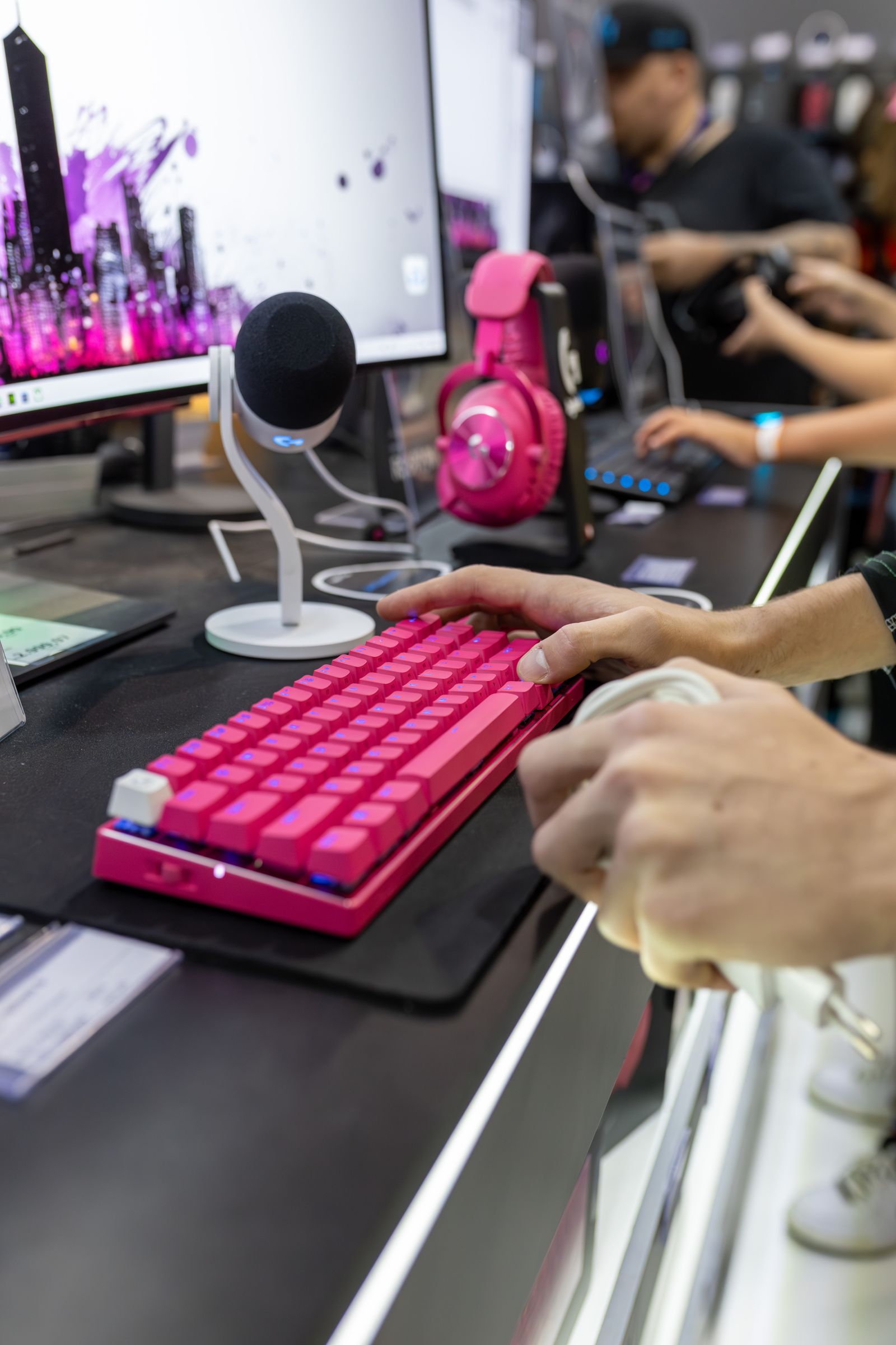 Colorful gaming keyboard, headset, mouse and streaming equipment