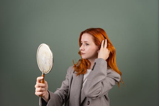 Portrait of a young woman with red hair holding a mirror, wearing a gray blazer against a green background.