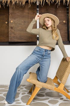 Young woman in stylish attire posing indoors with wooden decor.