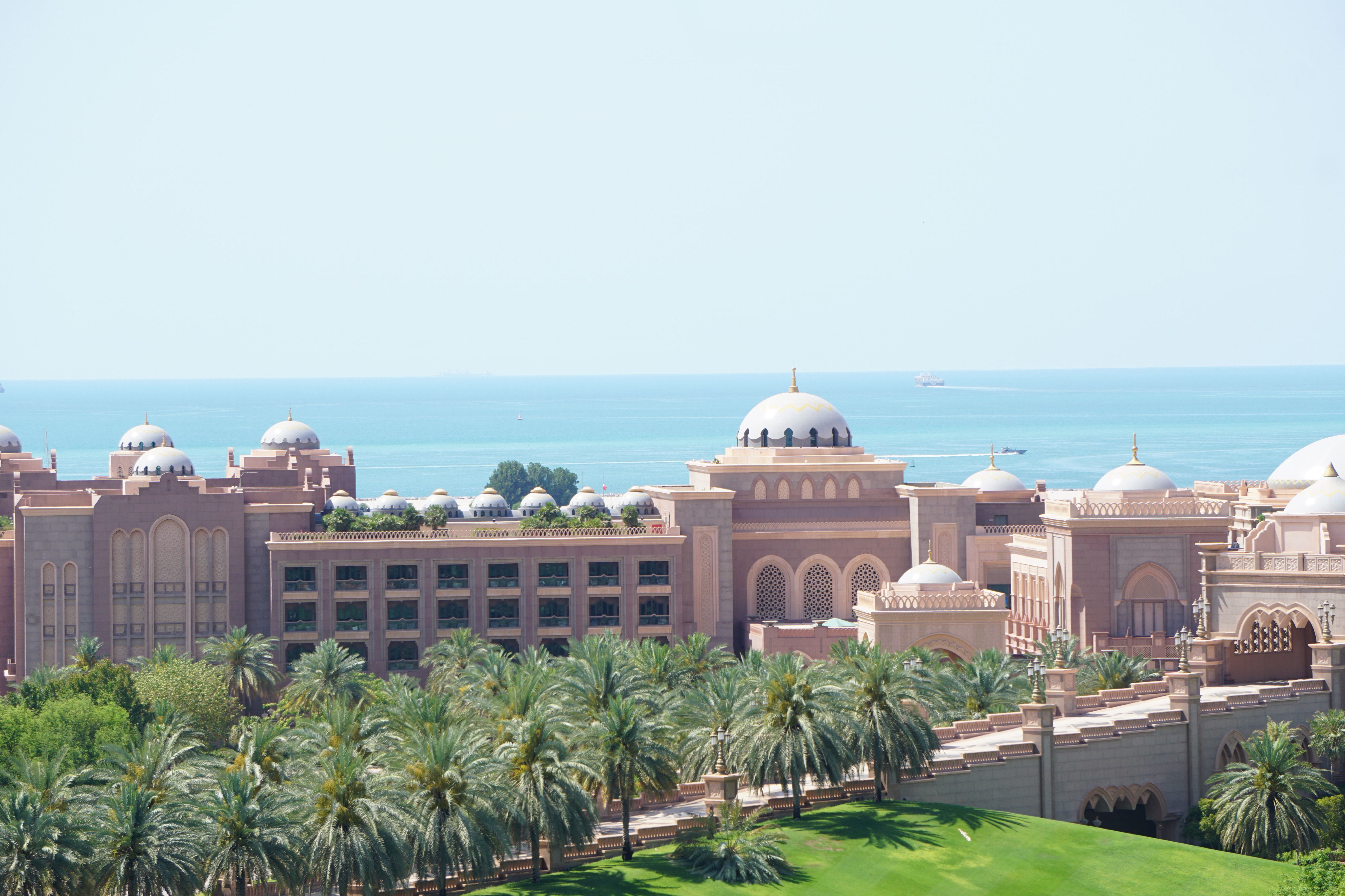 Stunning view of a grand Arabian palace near the ocean, surrounded by palm trees.
