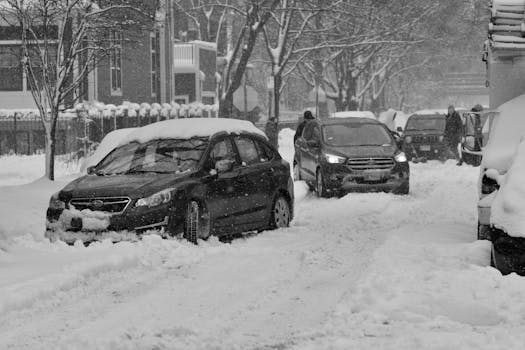 Cars stuck in snow on a snowy Chicago street during winter blizzard.