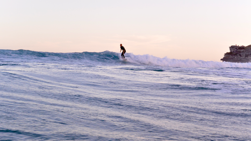 Free Capture the thrill of surfing with a lone surfer conquering waves at Bondi Beach during a stunning sunset. Stock Photo