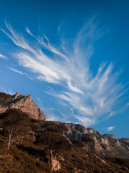 Stunning view of a mountain range with unique cloud formations under a clear blue sky.