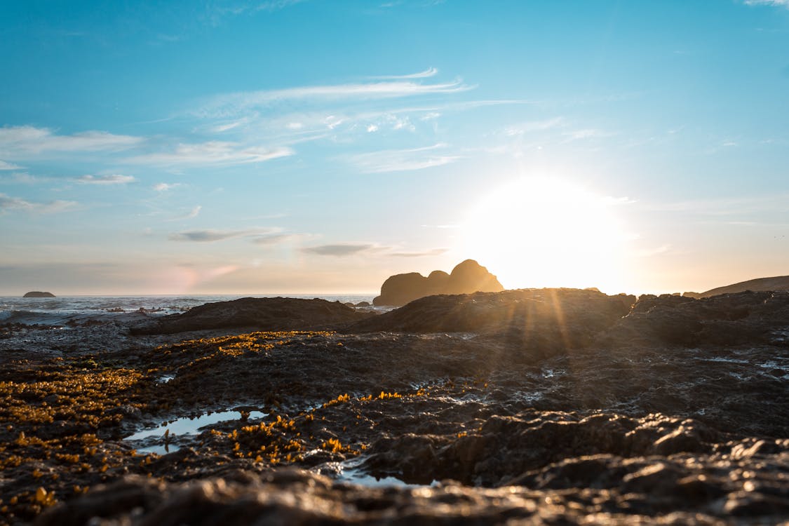 海の岩の多い海岸に太陽光線
