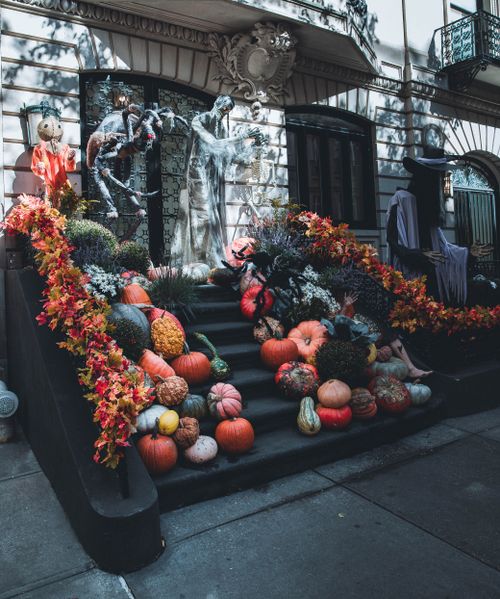 Free Festive Halloween decorations on a brownstone staircase in New York with pumpkins and fall leaves. Stock Photo