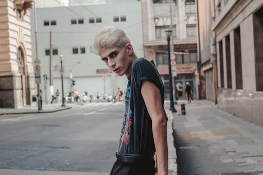 年轻人在城市街头摆出时尚姿势，展现现代都市风尚