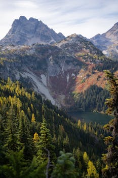 Breathtaking view of North Cascades' autumn landscape with larch trees and mountains.