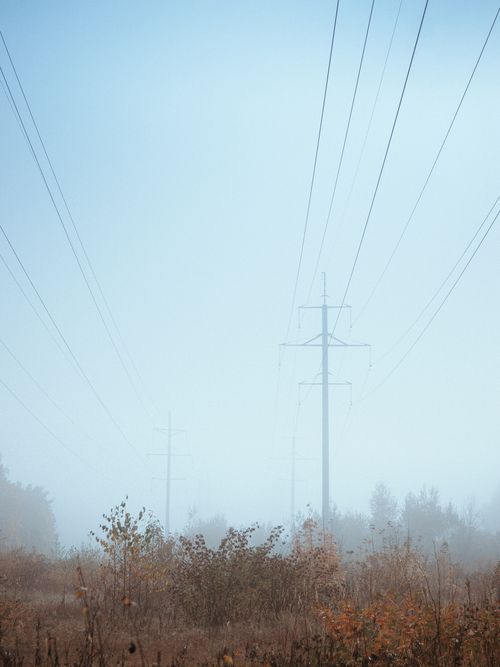 Free Serene foggy autumn morning featuring power lines crossing an open field. Stock Photo