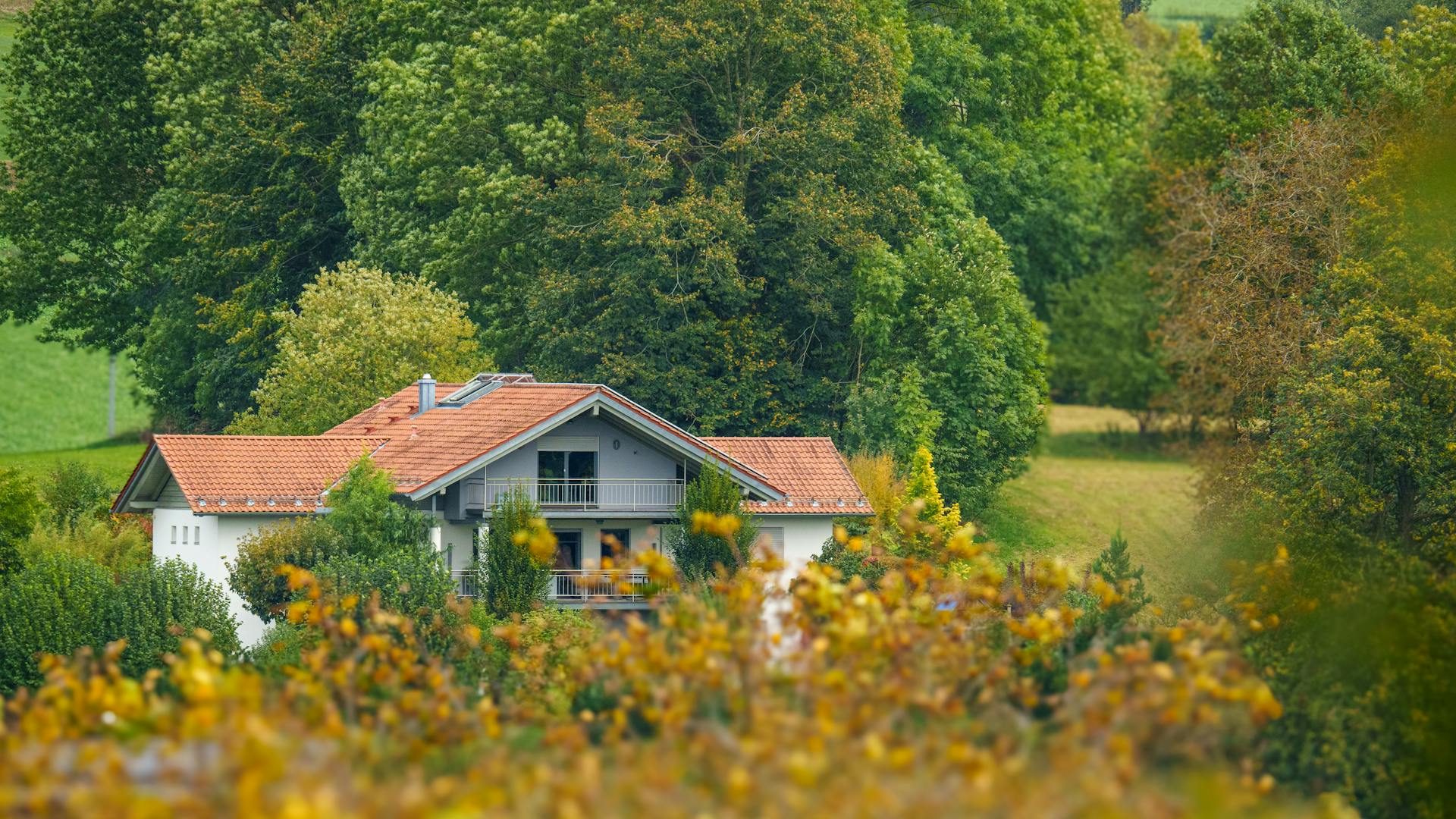 A cozy countryside house with red-tiled roofs nestled among lush green trees. The house features a balcony, large windows, and is surrounded by a peaceful natural landscape. The trees and ...