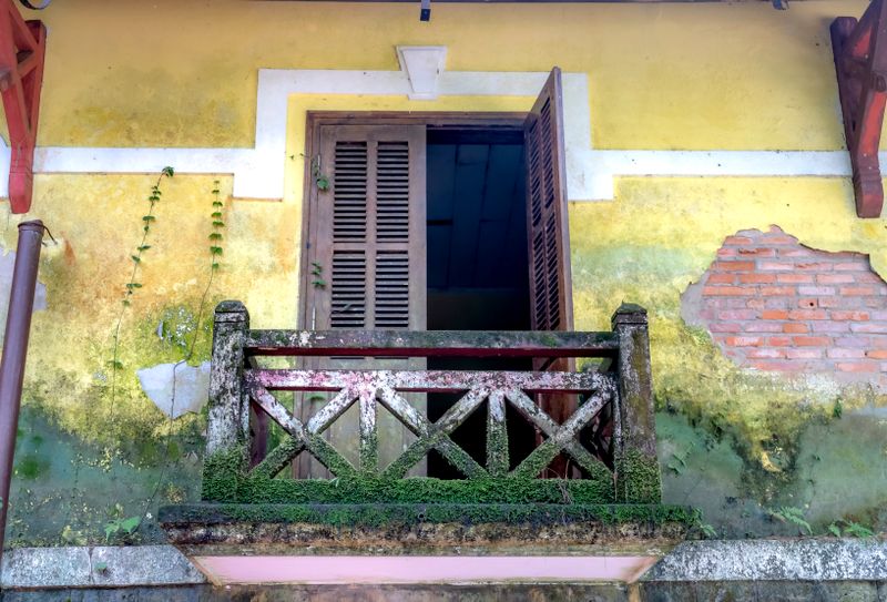 Façade patinée avec traces de mousse et d'algues
