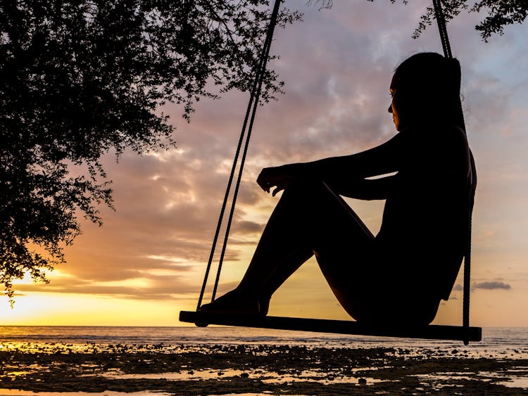 Silhouette Of Woman On Swing During Golden Hour