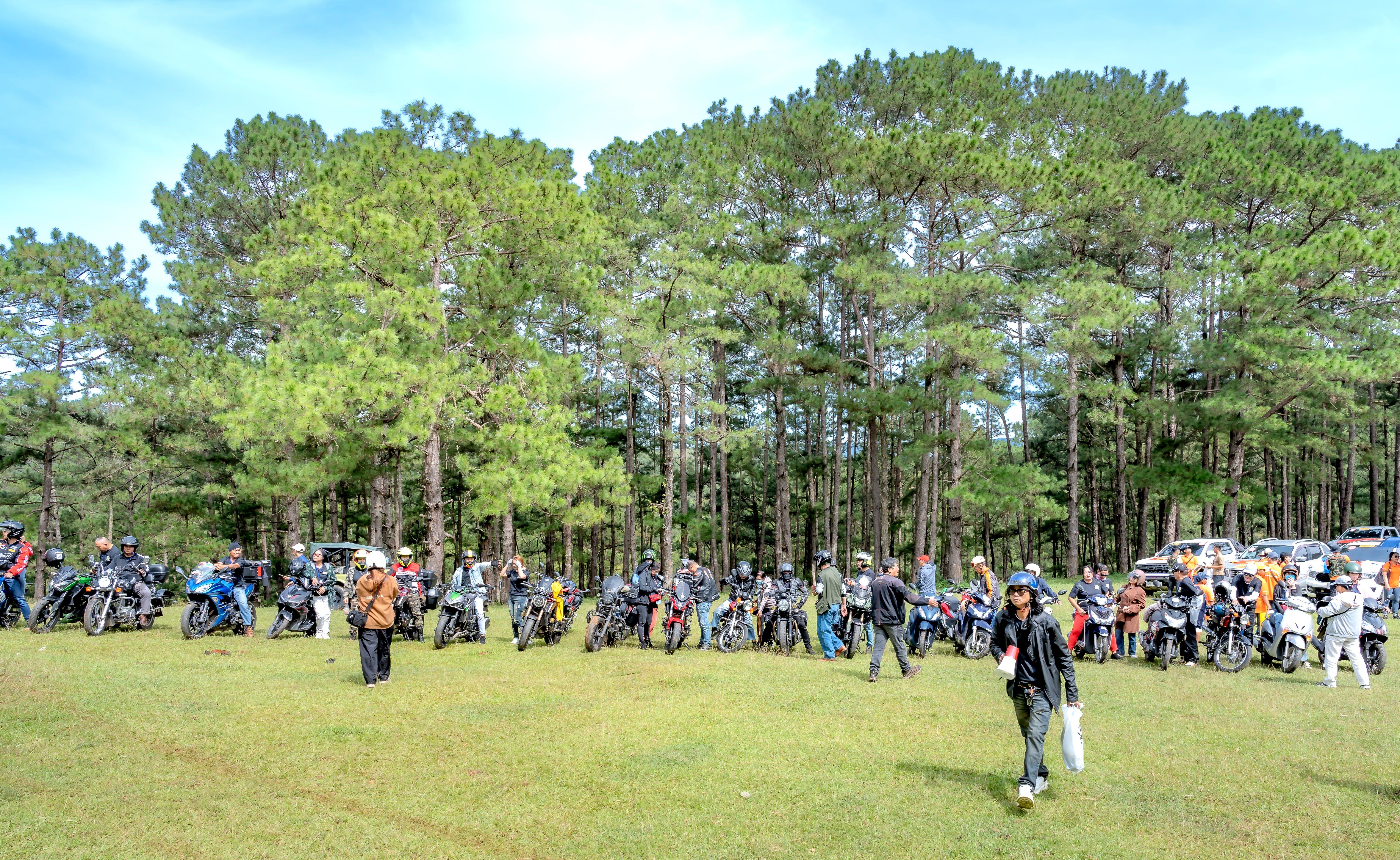 Rassemblement De Motards En Plein Air Dans La Forêt De Pins