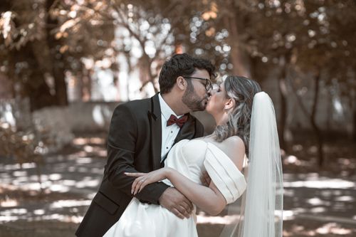 Free A couple shares a romantic kiss in a sunlit park on their wedding day. Stock Photo