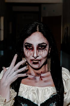 Dark vampire makeup with blood-tear effect for Halloween