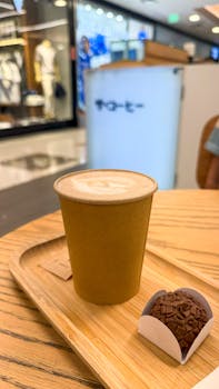 A warm cafe setting featuring a cappuccino and a brigadeiro on a wooden tray.