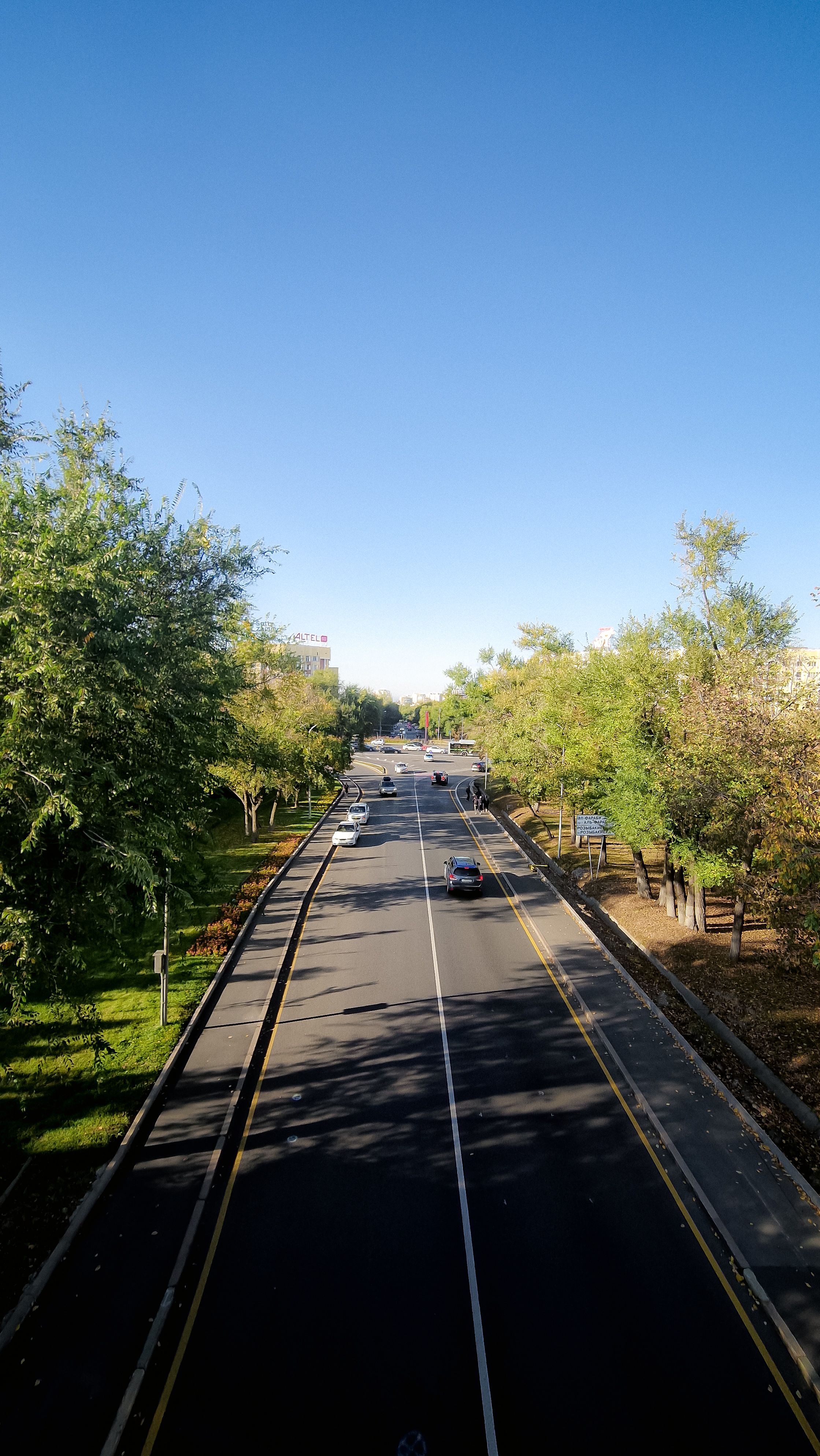Aerial view of a road surrounded by trees on a clear, sunny day, showing vehicles driving on both lanes.