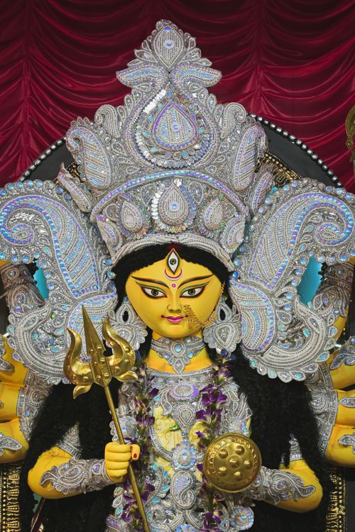 Free Intricately designed Durga idol at Kolkata's Durga Puja festival showcasing cultural richness. Stock Photo