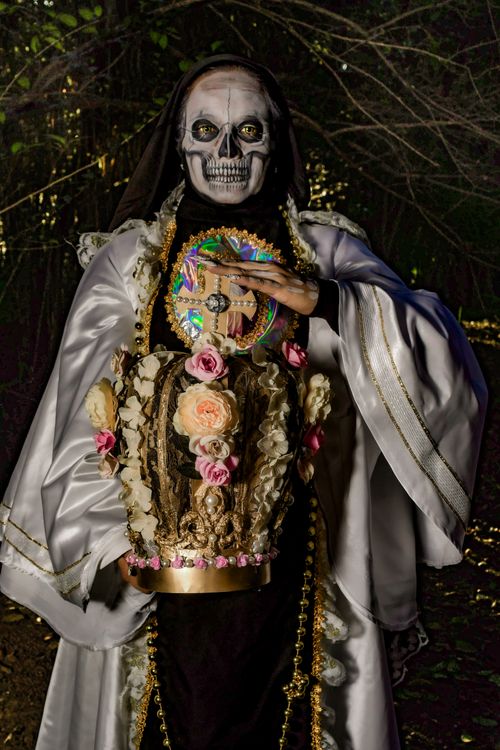 Free A person in elaborate Day of the Dead attire with face paint and ornate headpiece, outdoors. Stock Photo