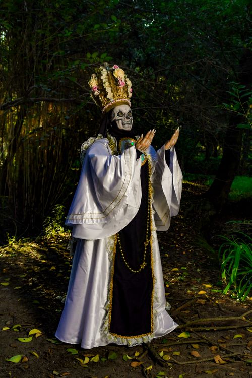 Free An intricate Day of the Dead costume in a forest with a skull face mask and floral crown. Stock Photo