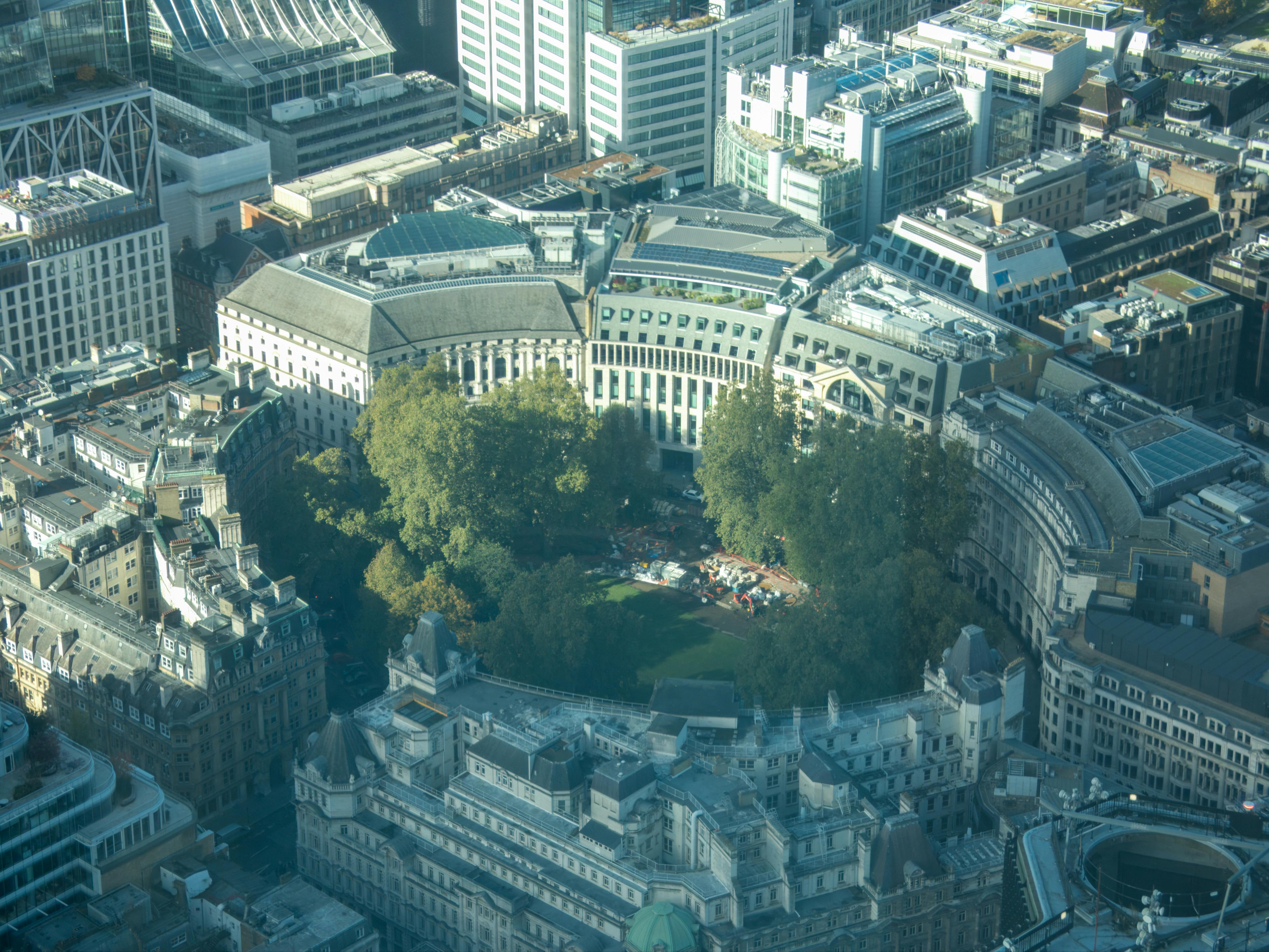Stunning aerial shot of Finsbury Circus amidst London's urban architecture.