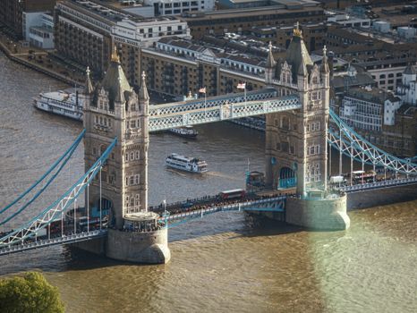 Stunning aerial view of London's Tower Bridge over the River Thames.