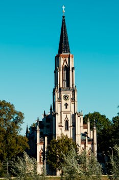 晴朗的日子里，一座有着高高尖塔的哥特式复兴教堂坐落在树林中，展现了宗教建筑的特色