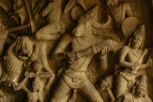 Free Detailed view of ancient stone carvings depicting Hindu deities, showcasing rich Indian architectural heritage. Stock Photo