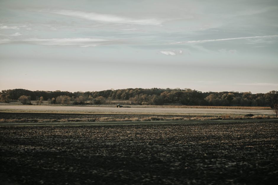 Expansive farmland view under a vast sky in Spring Grove, Illinois, showcasing rural tranquility.