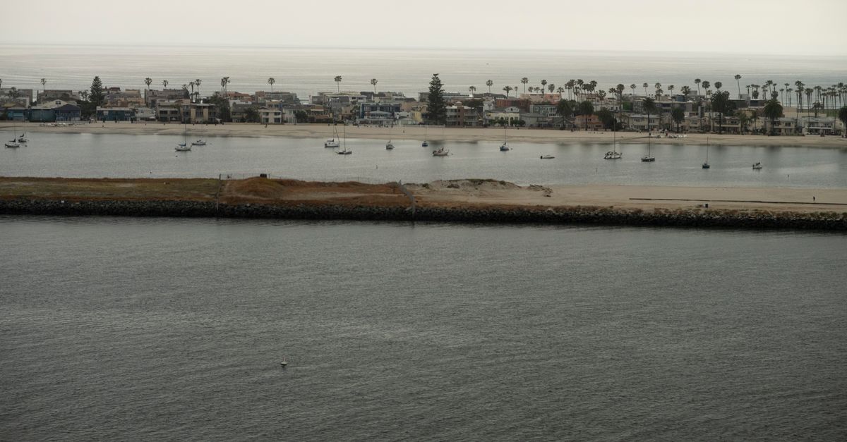 A serene coastal town with moored boats and palm trees, viewed from the water.