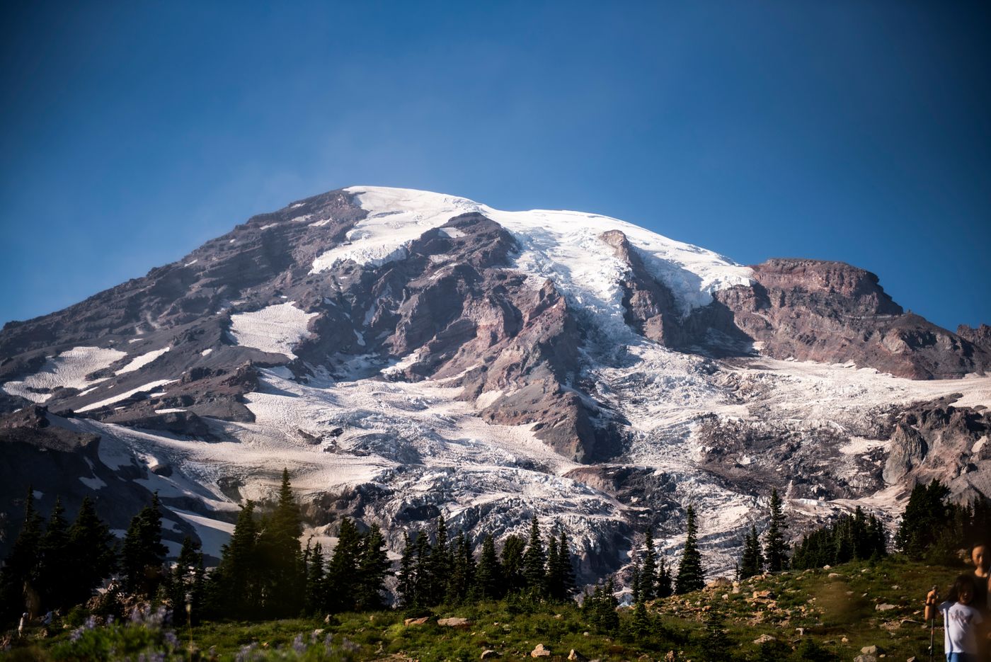 Snow-capped Mount Rainier under a clear blue sky, Washington State