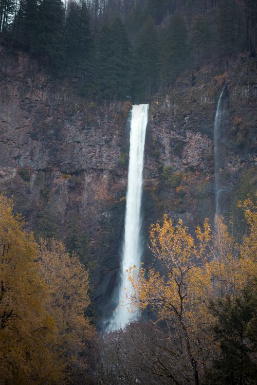Free Tall waterfall cascading down rocky cliff surrounded by vibrant autumn foliage. Stock Photo
