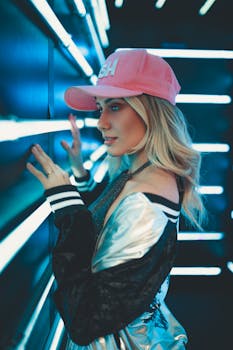 一位时尚女士在霓虹灯光充满活力的走廊里，戴着粉色帽子摆姿势