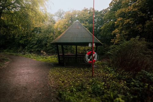Free Rustic wooden gazebo in lush forest with a lifebuoy on a rainy path. Stock Photo
