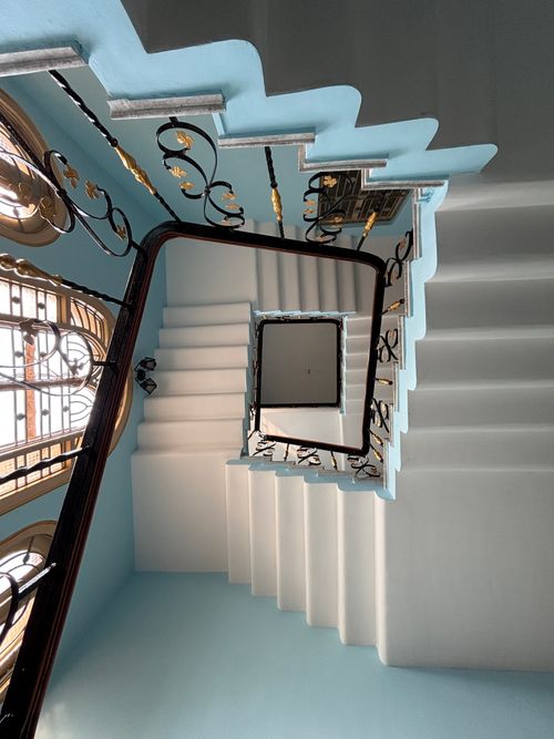 Free An elegant spiral staircase with ornate railings in Chinsurah, India. Stock Photo