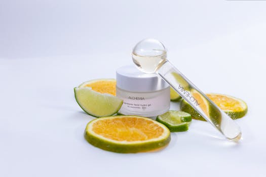 Hydrating facial gel with citrus slices and glass dropper for a fresh skincare vibe.