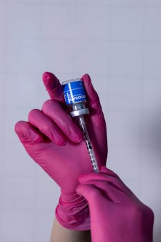 Close-up of gloved hands drawing a vaccine dose into a syringe, showcasing medical preparation.