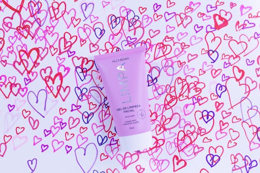 Pink facial cleansing gel tube surrounded by colorful heart doodles on white background.