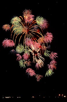 节日庆祝活动中，五颜六色的烟花在夜空中绽放